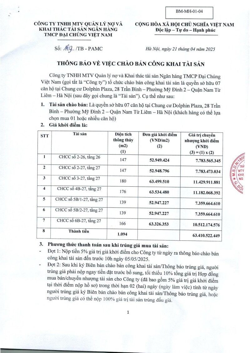 THÔNG BÁO VỀ VIỆC CHÀO BÁN CÔNG KHAI TÀI SẢN