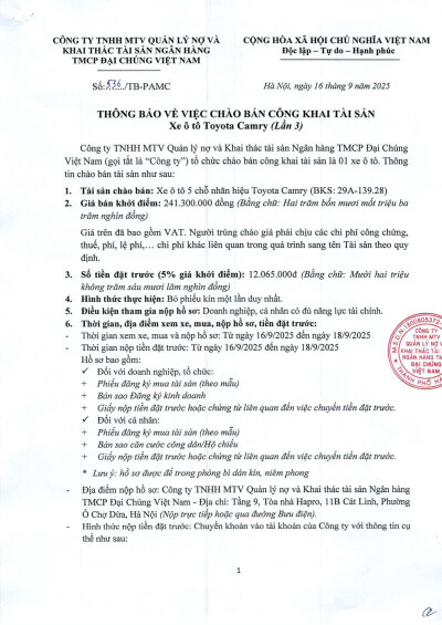 Thông báo về việc chào bán công khai tài sản xe ô tô Toyota Camry (lần 3)