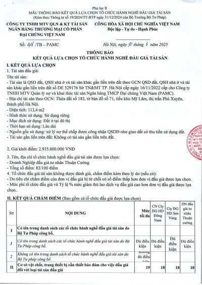 Thông báo kết quả lựa chọn tổ chức hành nghề bán đấu giá tài sản tại Phú Xuyên