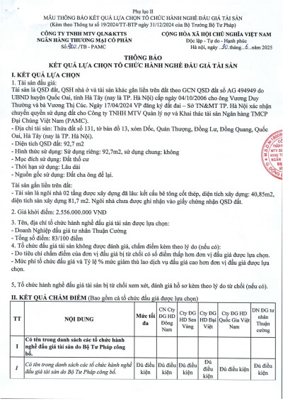 Thông báo kết quả lựa chọn tổ chức hành nghề bán đấu giá tài sản tại Quốc Oai