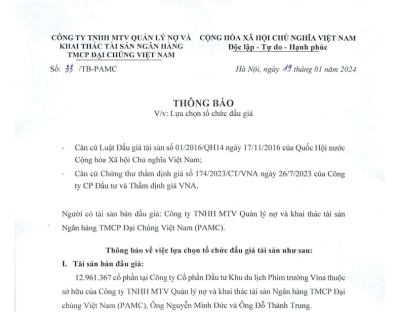 Thông báo lựa chọn tổ chức bán đấu giá tài sản 12.961.367 cổ phần tại Công ty Cổ phần Đầu tư Khu du lịch Phim trường Vina