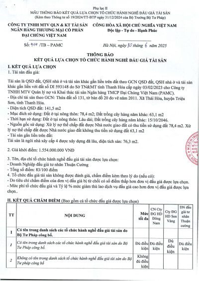 Thông báo kết quả lựa chọn tổ chức hành nghề bán đấu giá tài sản tại Thanh Hóa