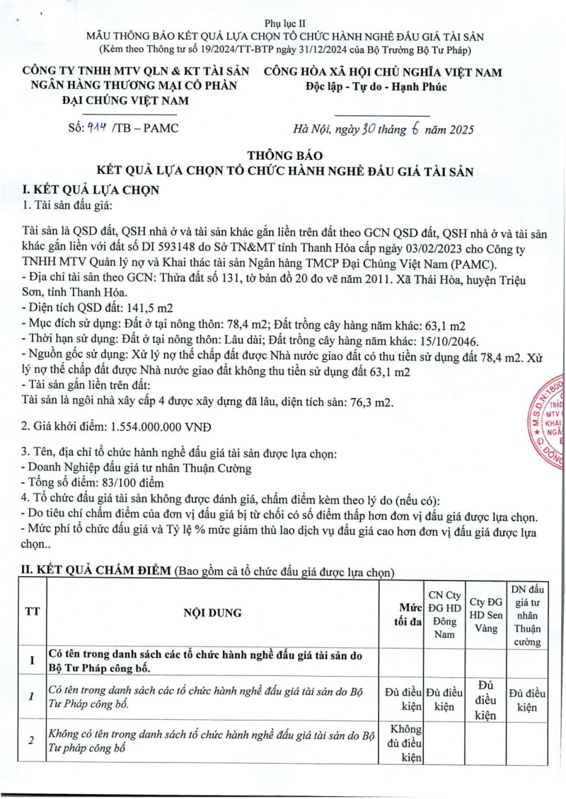 Thông báo kết quả lựa chọn tổ chức hành nghề bán đấu giá tài sản tại Thanh Hóa