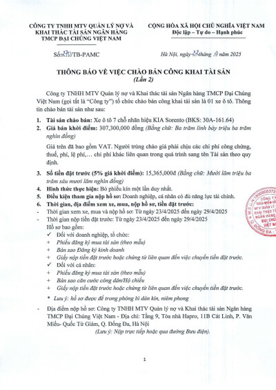 THÔNG BÁO CHÀO BÁN CÔNG KHAI TÀI SẢN 01 XE Ô TÔ