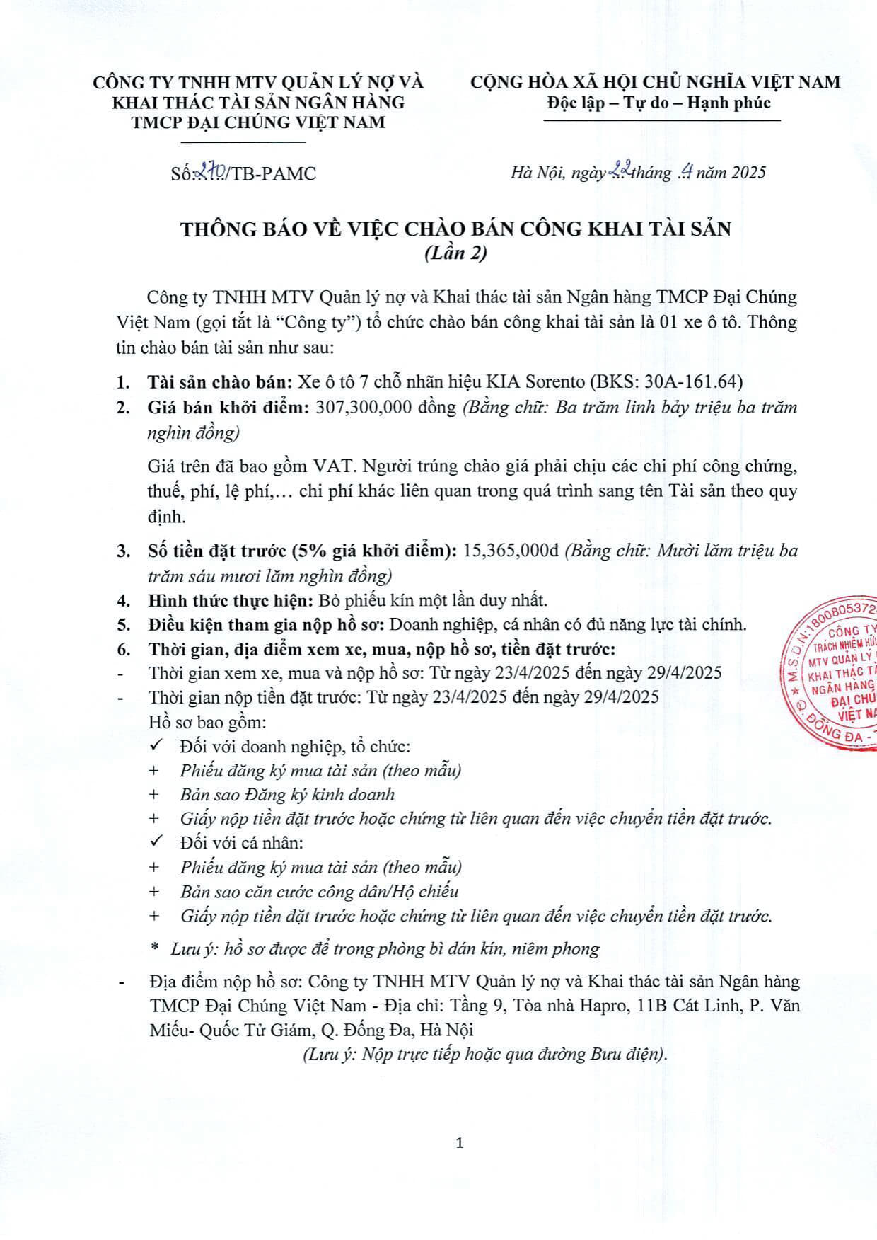 Thông báo chào giá lần 2 xe Kia_0001_1
