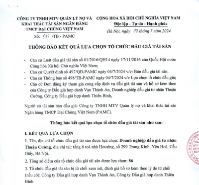 THÔNG BÁO KẾT QUẢ LỰA CHỌN TỔ CHỨC BÁN ĐẤU GIÁ TÀI SẢN Doanh nghiệp đấu giá tư nhân Thuận Cường