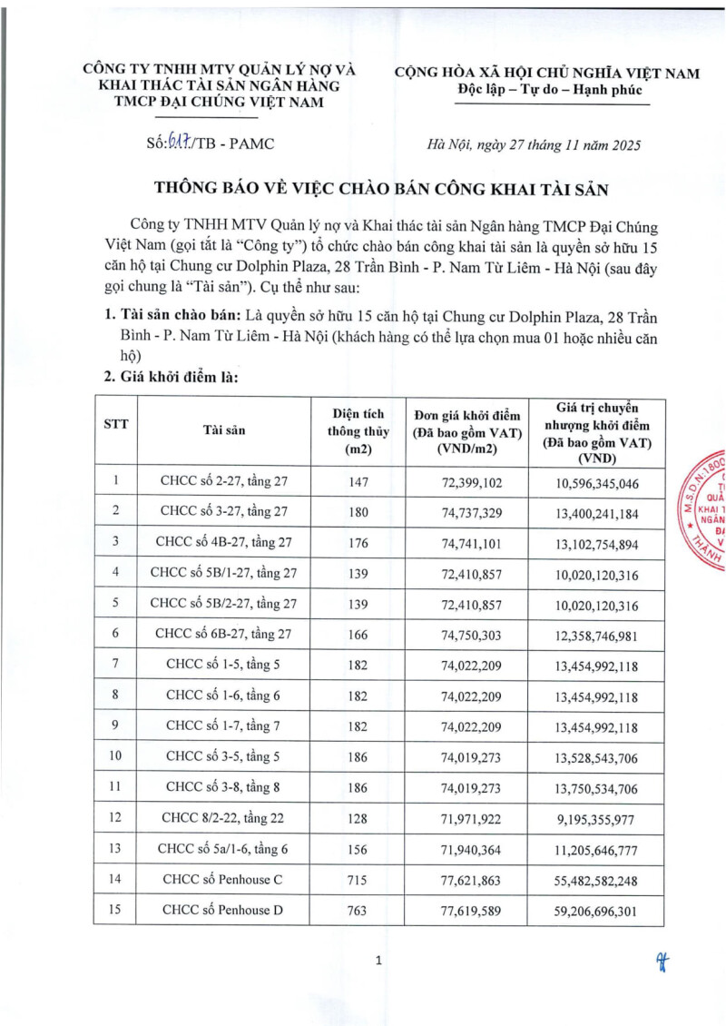 Thông báo chào bán công khai tài sản 15 căn hộ chung cư Dolphin Plaza