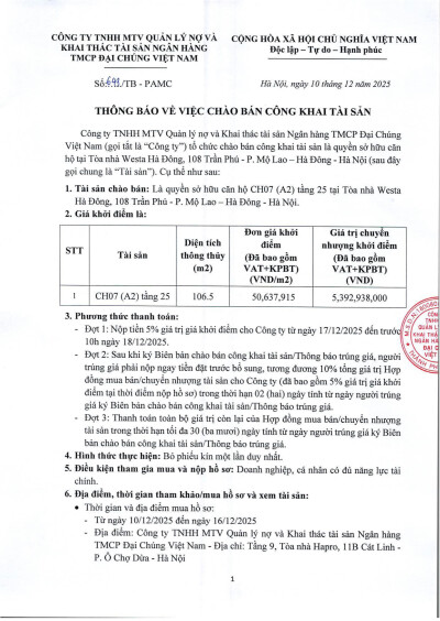 Thông báo chào bán công khai căn hộ CH07(A2) tâng 25 tại tòa Westa Hà Đông