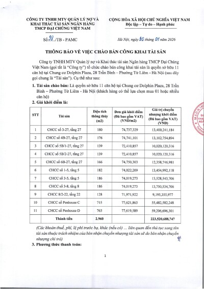 Thông báo chào bán công khai tài sản là 11 căn hộ Dolphin Plaza.