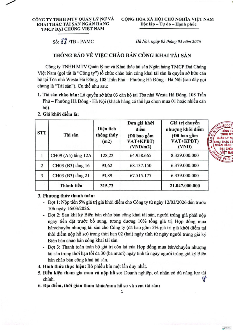 Thông báo chào bán công khai tài sản là 03 căn hộ Westa Hà Đông lần thứ 2