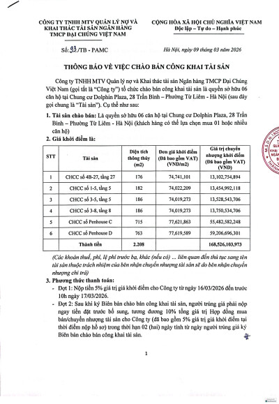 Thông báo chào bán công khai tài sản là 06 căn hộ Dolphin Plaza